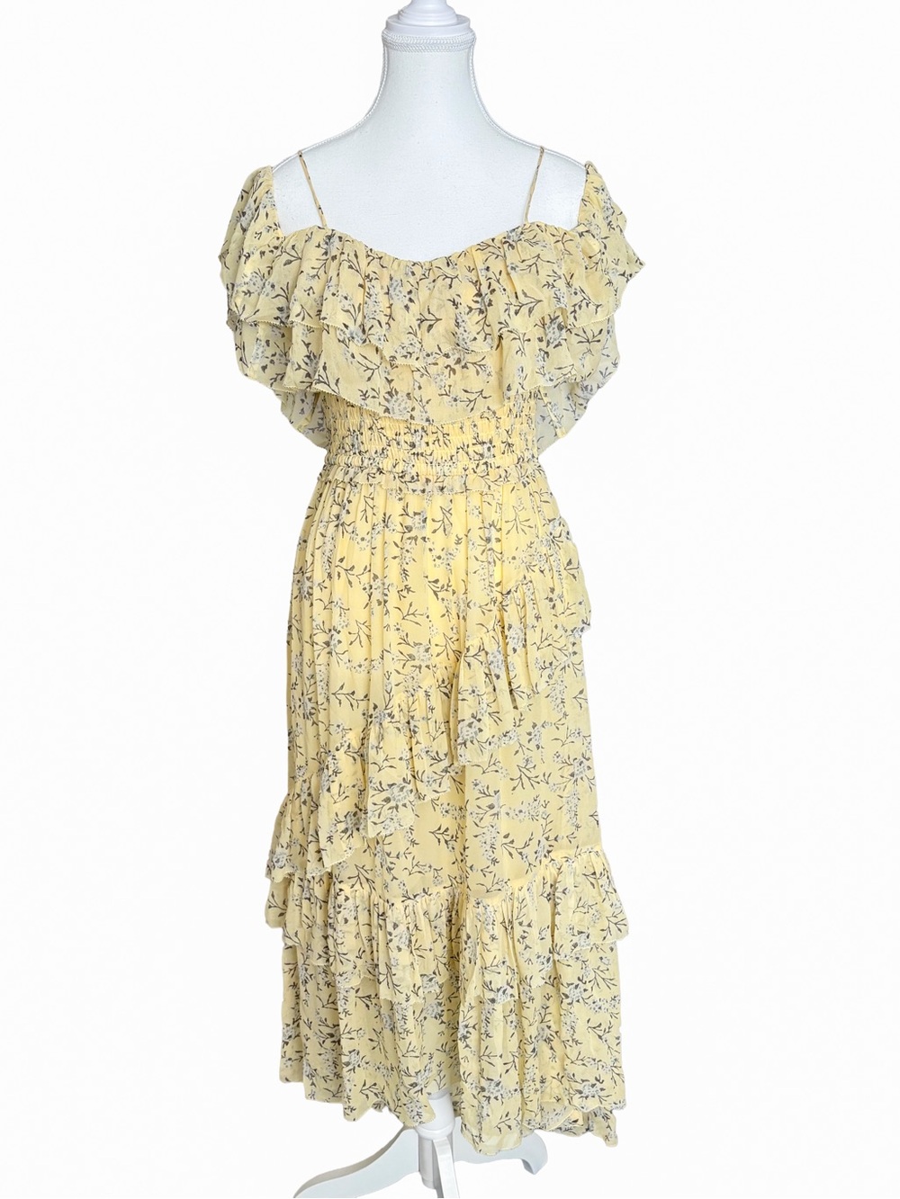 NWT Ulla Johnson Penninah Dress Size 4 Yellow Silk Off Shoulder Ruffle Midi